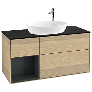 Villeroy und Boch Finion Waschtischunterschrank F942HGPC 120cm, Abdeckplatte black matt, Regale Midnight matt lacquer, Oak Veneer