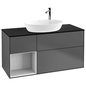 Villeroy und Boch Finion Waschtischunterschrank F942MTGK 120cm, Abdeckplatte black matt, Regale White matt lacquer, Anthracite matt