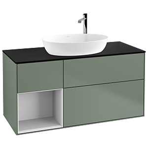 Villeroy und Boch Finion Waschtischunterschrank F942MTGM 120cm, Abdeckplatte black matt, Regale White matt lacquer, Olive Matt Lacquer