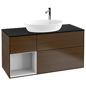 Villeroy und Boch Finion Waschtischunterschrank F942MTGN 120cm, Abdeckplatte black matt, Regale White matt lacquer, Walnut veneer