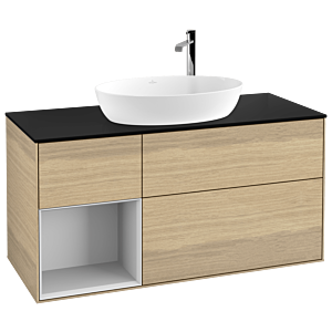 Villeroy et Boch Finion Villeroy et Boch F942MTPC 120cm, plaque de recouvrement noire mate, étagères laquées blanc mat, Oak Veneer