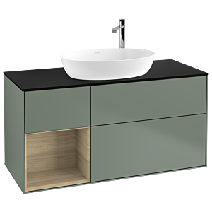 Villeroy und Boch Finion Waschtischunterschrank F942PCGM 120cm, Abdeckplatte black matt, Regale Oak Veneer, Olive Matt Lacquer
