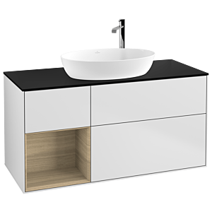 Villeroy und Boch Finion Waschtischunterschrank F942PCMT 120cm, Abdeckplatte black matt, Regale Oak Veneer, White matt lacquer