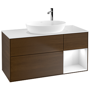 Villeroy et Boch Finion Villeroy et Boch F951GFGN 120cm, plaque de recouvrement blanc mat, étagères Laque blanc brillant, placage noyer