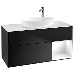 Villeroy und Boch Finion Waschtischunterschrank F951GFPD 120cm, Abdeckplatte white matt, Regale Glossy white lacquer, Black matt lacquer