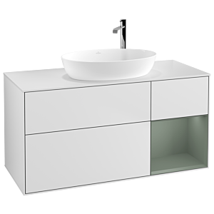 Villeroy und Boch Finion Waschtischunterschrank F951GMMT 120cm, Abdeckplatte white matt, Regale Olive matt lacquer, White matt lacquer