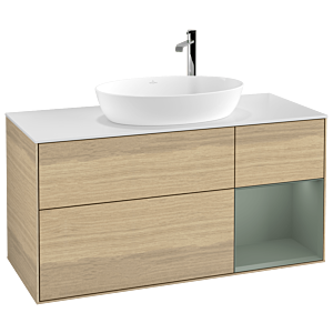 Villeroy et Boch Finion Villeroy et Boch F951GMPC 120cm, plaque de recouvrement blanc mat, étagères laqué olive mat, Oak Veneer