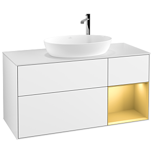 Villeroy et Boch Finion Villeroy et Boch F951HFGF 120cm, plaque de finition blanc mat, étagères laqué or mat, laqué blanc brillant