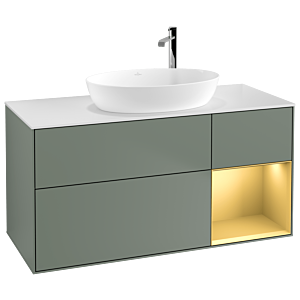 Villeroy et Boch Finion Villeroy et Boch F951HFGM 120cm, plaque de recouvrement blanc mat, étagères laqué mat or, Olive Matt Lacquer