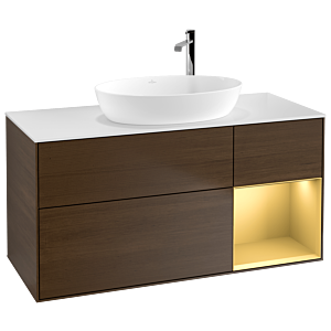 Villeroy und Boch Finion Waschtischunterschrank F951HFGN 120cm, Abdeckplatte white matt, Regale Gold matt lacquer, Walnut veneer