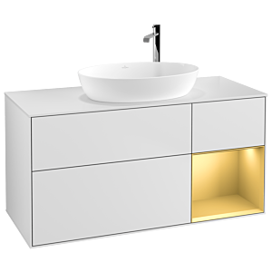 Villeroy und Boch Finion Waschtischunterschrank F951HFMT 120cm, Abdeckplatte white matt, Regale Gold matt lacquer, White matt lacquer