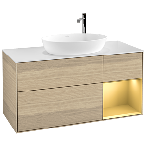 Villeroy und Boch Finion Waschtischunterschrank F951HFPC 120cm, Abdeckplatte white matt, Regale Gold matt lacquer, Oak Veneer