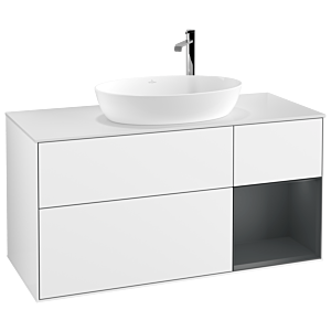 Villeroy und Boch Finion Waschtischunterschrank F951HGGF 120cm, Abdeckplatte white matt, Regale Midnight matt lacquer, Glossy white lacquer