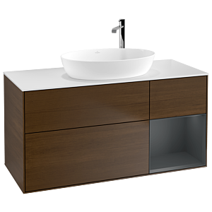 Villeroy und Boch Finion Waschtischunterschrank F951HGGN 120cm, Abdeckplatte white matt, Regale Midnight matt lacquer, Walnut veneer
