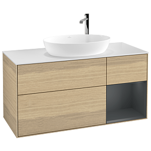 Villeroy und Boch Finion Waschtischunterschrank F951HGPC 120cm, Abdeckplatte white matt, Regale Midnight matt lacquer, Oak Veneer