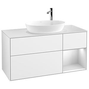 Villeroy und Boch Finion Waschtischunterschrank F951MTGF 120cm, Abdeckplatte white matt, Regale White matt lacquer, Glossy white lacquer