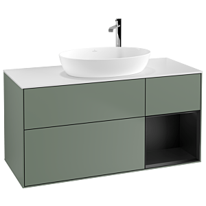 Villeroy et Boch Finion Villeroy et Boch F951PDGM 120cm, plaque de recouvrement blanc mat, étagères laqué noir mat, Olive Matt Lacquer