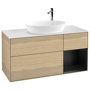 Villeroy et Boch Finion Villeroy et Boch F951PDPC 120cm, plaque de recouvrement blanc mat, étagères laqué noir mat, Oak Veneer