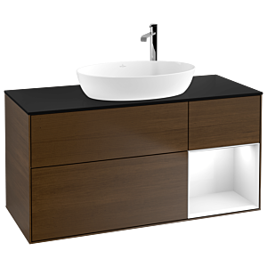 Villeroy und Boch Finion Waschtischunterschrank F952GFGN 120cm, Abdeckplatte black matt, Regale Glossy white lacquer, Walnut veneer