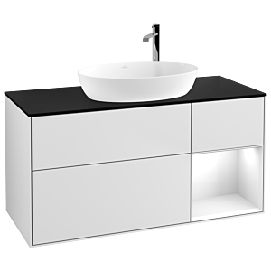 Villeroy und Boch Finion Waschtischunterschrank F952GFMT 120cm, Abdeckplatte black matt, Regale Glossy white lacquer, White matt lacquer