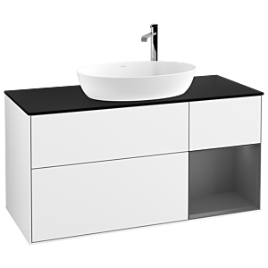 Villeroy et Boch Finion Villeroy et Boch F952GKGF 120cm, plaque de recouvrement noir mat, étagères laqué anthracite mat, laqué blanc brillant