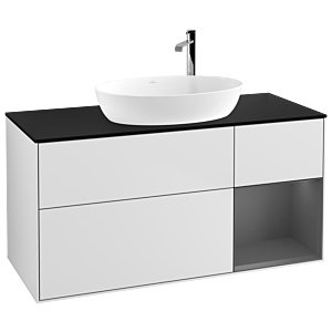 Villeroy et Boch Finion Villeroy et Boch F952GKMT 120cm, plaque de recouvrement noire mate, étagères laquées anthracite mat, laqué blanc mat