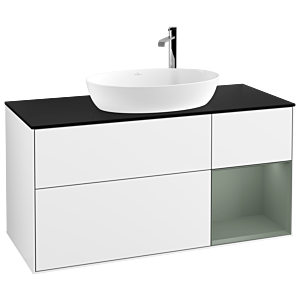Villeroy und Boch Finion Waschtischunterschrank F952GMGF 120cm, Abdeckplatte black matt, Regale Olive matt lacquer, Glossy white lacquer