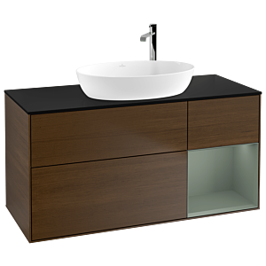 Villeroy und Boch Finion Waschtischunterschrank F952GMGN 120cm, Abdeckplatte black matt, Regale Olive matt lacquer, Walnut veneer