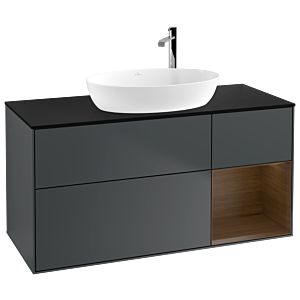 Villeroy und Boch Finion Waschtischunterschrank F952GNHG 120cm, Abdeckplatte black matt, Regale Walnut Veneer, Midnight Blue Matt Lacquer