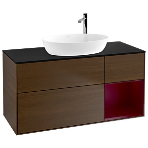 Villeroy und Boch Finion Waschtischunterschrank F952HBGN 120cm, Abdeckplatte black matt, Regale Peony matt lacquer, Walnut veneer