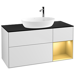 Villeroy et Boch Finion Villeroy et Boch F952HFMT 120cm, plaque de recouvrement noir mat, étagères laqué or mat, laqué blanc mat