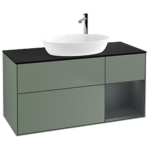 Villeroy und Boch Finion Waschtischunterschrank F952HGGM 120cm, Abdeckplatte black matt, Regale Midnight matt lacquer, Olive Matt Lacquer