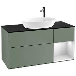 Villeroy und Boch Finion Waschtischunterschrank F952MTGM 120cm, Abdeckplatte black matt, Regale White matt lacquer, Olive Matt Lacquer