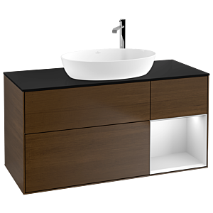 Villeroy und Boch Finion Waschtischunterschrank F952MTGN 120cm, Abdeckplatte black matt, Regale White matt lacquer, Walnut veneer
