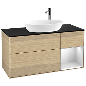 Villeroy und Boch Finion Waschtischunterschrank F952MTPC 120cm, Abdeckplatte black matt, Regale White matt lacquer, Oak Veneer