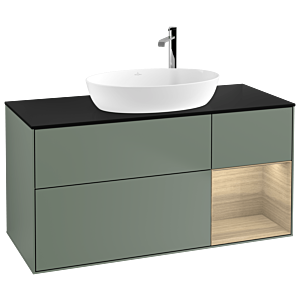 Villeroy und Boch Finion Waschtischunterschrank F952PCGM 120cm, Abdeckplatte black matt, Regale Oak Veneer, Olive Matt Lacquer