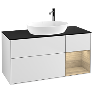 Villeroy und Boch Finion Waschtischunterschrank F952PCMT 120cm, Abdeckplatte black matt, Regale Oak Veneer, White matt lacquer