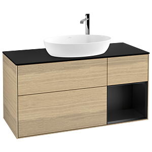 Villeroy et Boch Finion F952PDPC 120cm, plaque de recouvrement noire mate, étagères laquées noir mat, Oak Veneer