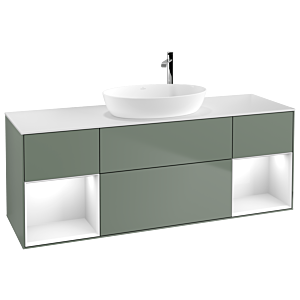Villeroy und Boch Finion Waschtischunterschrank F981GFGM 160cm, Abdeckplatte white matt, Regale Glossy white lacquer, Olive Matt Lacquer