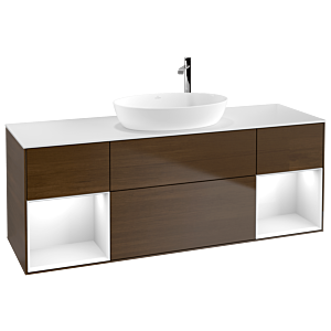 Villeroy und Boch Finion Waschtischunterschrank F981GFGN 160cm, Abdeckplatte white matt, Regale Glossy white lacquer, Walnut veneer