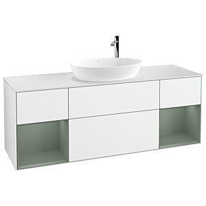 Villeroy und Boch Finion Waschtischunterschrank F981GMGF 160cm, Abdeckplatte white matt, Regale Olive matt lacquer, Glossy white lacquer