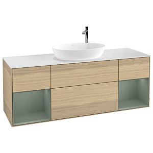 Villeroy und Boch Finion Waschtischunterschrank F981GMPC 160cm, Abdeckplatte white matt, Regale Olive matt lacquer, Oak Veneer