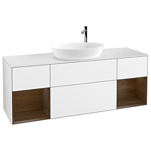 Villeroy und Boch Finion Waschtischunterschrank F981GNGF 160cm, Abdeckplatte white matt, Regale Walnut Veneer, Glossy white lacquer