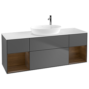 Villeroy und Boch Finion Waschtischunterschrank F981GNGK 160cm, Abdeckplatte white matt, Regale Walnut Veneer, Anthracite matt
