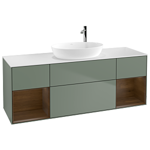Villeroy und Boch Finion Waschtischunterschrank F981GNGM 160cm, Abdeckplatte white matt, Regale Walnut Veneer, Olive Matt Lacquer