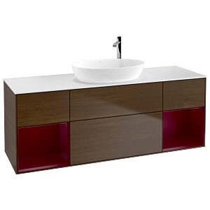 Villeroy und Boch Finion Waschtischunterschrank F981HBGN 160cm, Abdeckplatte white matt, Regale Peony matt lacquer, Walnut veneer