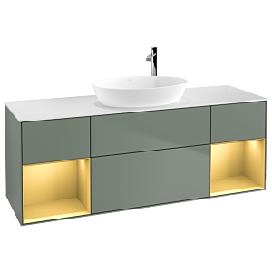 Villeroy und Boch Finion Waschtischunterschrank F981HFGM 160cm, Abdeckplatte white matt, Regale Gold matt lacquer, Olive Matt Lacquer