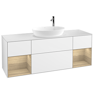 Villeroy und Boch Finion Waschtischunterschrank F981PCGF 160cm, Abdeckplatte white matt, Regale Oak Veneer, Glossy white lacquer