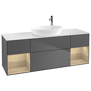 Villeroy und Boch Finion Waschtischunterschrank F981PCGK 160cm, Abdeckplatte white matt, Regale Oak Veneer, Anthracite matt