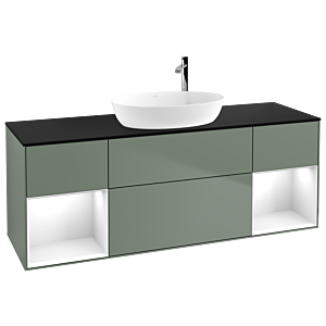 Villeroy et Boch Finion Villeroy et Boch F982GFGM 160cm, plaque de recouvrement noir mat, étagères Laque blanche brillante, Olive Matt Lacquer